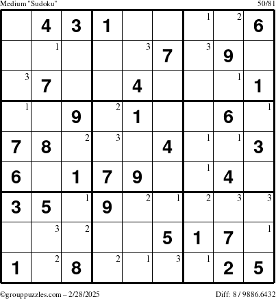 The grouppuzzles.com Medium Sudoku puzzle for Friday February 28, 2025 with the first 3 steps marked