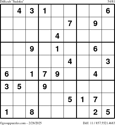 The grouppuzzles.com Difficult Sudoku puzzle for Friday February 28, 2025