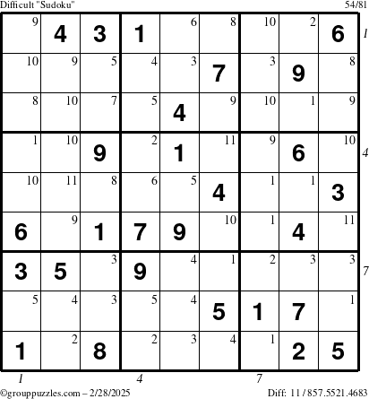 The grouppuzzles.com Difficult Sudoku puzzle for Friday February 28, 2025 with all 11 steps marked