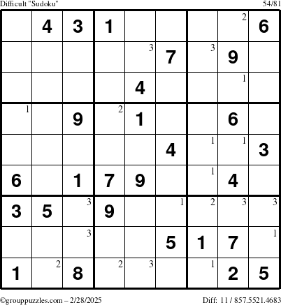 The grouppuzzles.com Difficult Sudoku puzzle for Friday February 28, 2025 with the first 3 steps marked