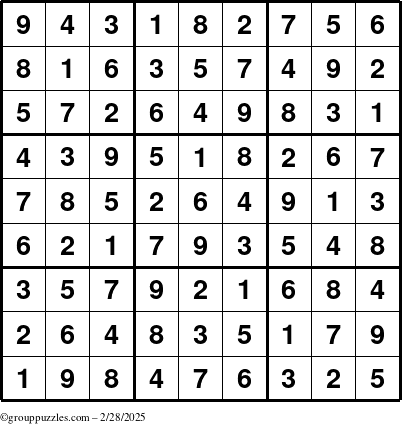 The grouppuzzles.com Answer grid for the Sudoku puzzle for Friday February 28, 2025