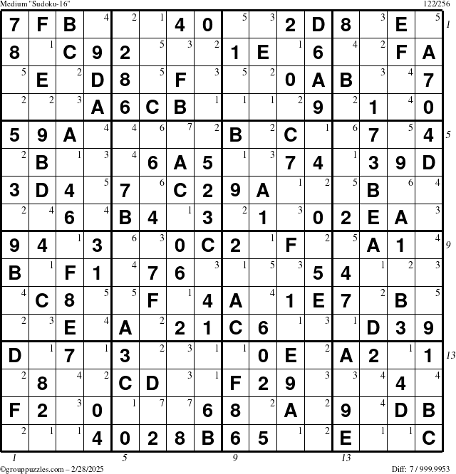 The grouppuzzles.com Medium Sudoku-16 puzzle for Friday February 28, 2025 with all 7 steps marked