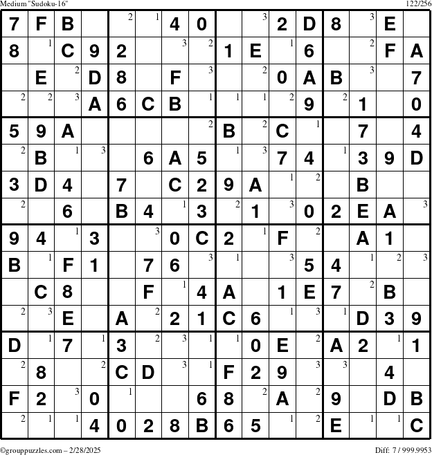 The grouppuzzles.com Medium Sudoku-16 puzzle for Friday February 28, 2025 with the first 3 steps marked