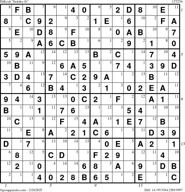 The grouppuzzles.com Difficult Sudoku-16 puzzle for Friday February 28, 2025 with all 14 steps marked