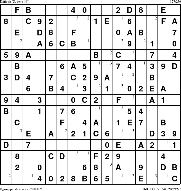 The grouppuzzles.com Difficult Sudoku-16 puzzle for Friday February 28, 2025 with the first 3 steps marked