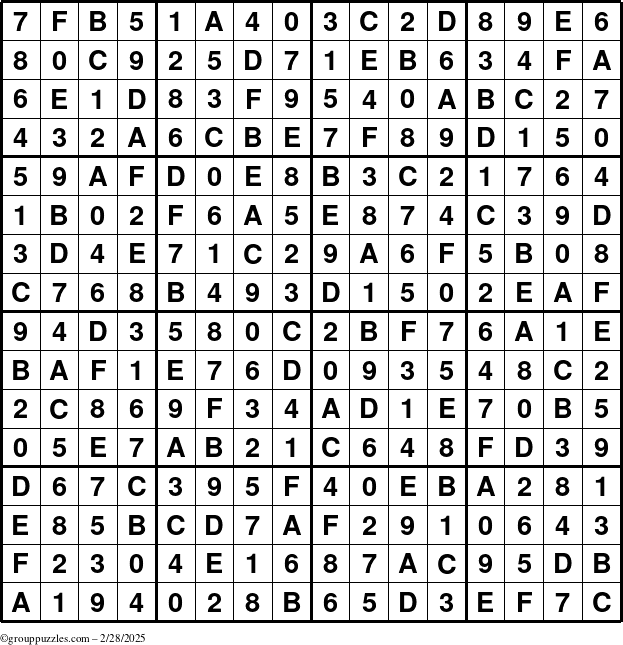 The grouppuzzles.com Answer grid for the Sudoku-16 puzzle for Friday February 28, 2025