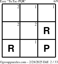 The grouppuzzles.com Easy TicTac-PQR puzzle for Friday February 28, 2025 with the first 2 steps marked