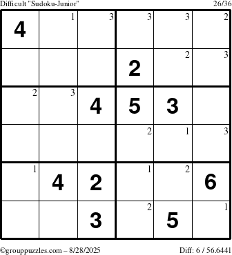 The grouppuzzles.com Difficult Sudoku-Junior puzzle for Thursday August 28, 2025 with the first 3 steps marked