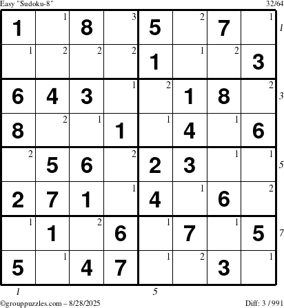 The grouppuzzles.com Easy Sudoku-8 puzzle for Thursday August 28, 2025 with all 3 steps marked