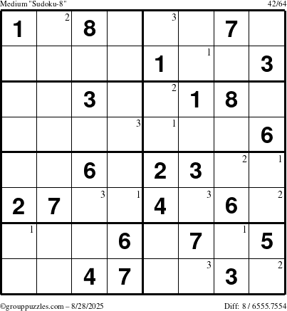 The grouppuzzles.com Medium Sudoku-8 puzzle for Thursday August 28, 2025 with the first 3 steps marked
