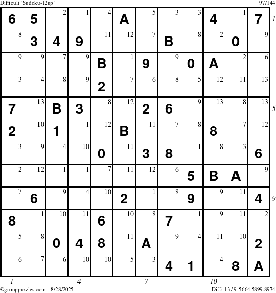 The grouppuzzles.com Difficult Sudoku-12up puzzle for Thursday August 28, 2025, suitable for printing, with all 13 steps marked