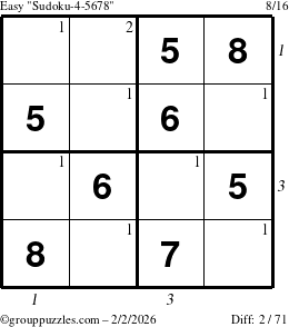 The grouppuzzles.com Easy Sudoku-4-5678 puzzle for Monday February 2, 2026 with all 2 steps marked