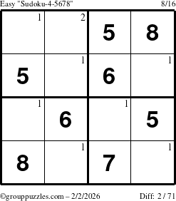 The grouppuzzles.com Easy Sudoku-4-5678 puzzle for Monday February 2, 2026 with the first 2 steps marked