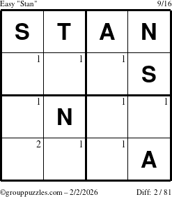 The grouppuzzles.com Easy Stan puzzle for Monday February 2, 2026 with the first 2 steps marked