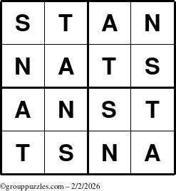 The grouppuzzles.com Answer grid for the Stan puzzle for Monday February 2, 2026