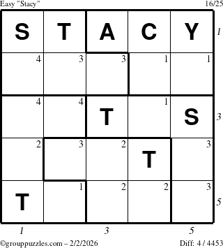 The grouppuzzles.com Easy Stacy puzzle for Monday February 2, 2026 with all 4 steps marked