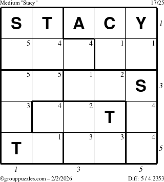 The grouppuzzles.com Medium Stacy puzzle for Monday February 2, 2026, suitable for printing, with all 5 steps marked