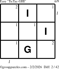 The grouppuzzles.com Easy TicTac-GHI puzzle for Monday February 2, 2026, suitable for printing, with all 2 steps marked