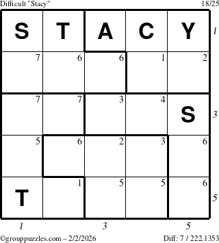 The grouppuzzles.com Difficult Stacy puzzle for Monday February 2, 2026 with all 7 steps marked