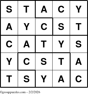 The grouppuzzles.com Answer grid for the Stacy puzzle for Monday February 2, 2026
