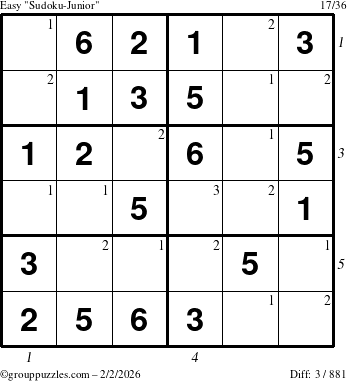 The grouppuzzles.com Easy Sudoku-Junior puzzle for Monday February 2, 2026 with all 3 steps marked
