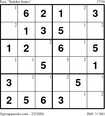 The grouppuzzles.com Easy Sudoku-Junior puzzle for Monday February 2, 2026 with the first 3 steps marked