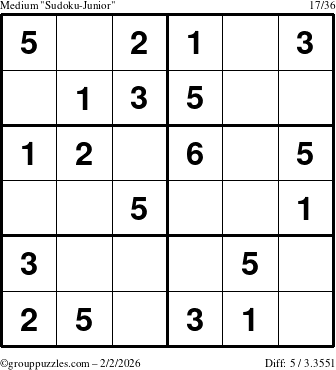 The grouppuzzles.com Medium Sudoku-Junior puzzle for Monday February 2, 2026