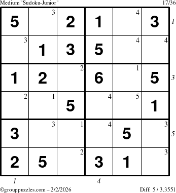 The grouppuzzles.com Medium Sudoku-Junior puzzle for Monday February 2, 2026, suitable for printing, with all 5 steps marked