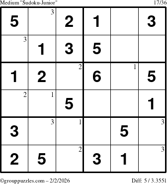 The grouppuzzles.com Medium Sudoku-Junior puzzle for Monday February 2, 2026 with the first 3 steps marked