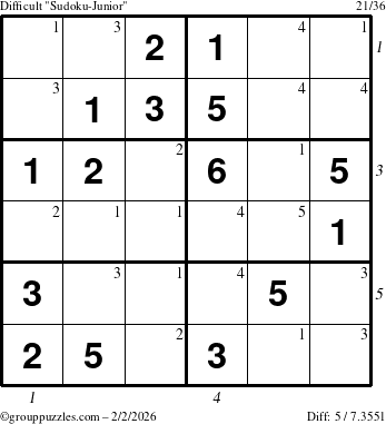 The grouppuzzles.com Difficult Sudoku-Junior puzzle for Monday February 2, 2026, suitable for printing, with all 5 steps marked
