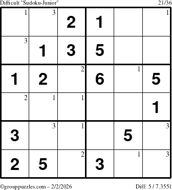 The grouppuzzles.com Difficult Sudoku-Junior puzzle for Monday February 2, 2026 with the first 3 steps marked