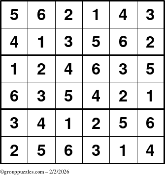 The grouppuzzles.com Answer grid for the Sudoku-Junior puzzle for Monday February 2, 2026