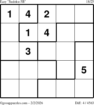 The grouppuzzles.com Easy Sudoku-5B puzzle for Monday February 2, 2026