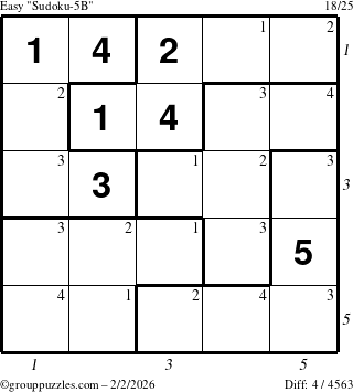 The grouppuzzles.com Easy Sudoku-5B puzzle for Monday February 2, 2026 with all 4 steps marked