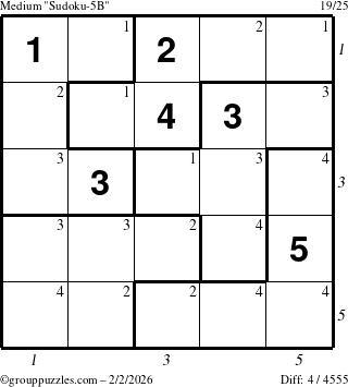 The grouppuzzles.com Medium Sudoku-5B puzzle for Monday February 2, 2026 with all 4 steps marked