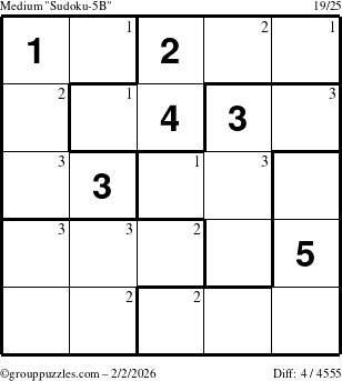 The grouppuzzles.com Medium Sudoku-5B puzzle for Monday February 2, 2026 with the first 3 steps marked