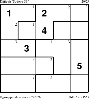 The grouppuzzles.com Difficult Sudoku-5B puzzle for Monday February 2, 2026 with the first 3 steps marked