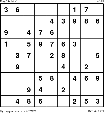 The grouppuzzles.com Easy Sudoku puzzle for Monday February 2, 2026