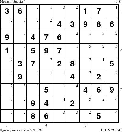 The grouppuzzles.com Medium Sudoku puzzle for Monday February 2, 2026 with all 5 steps marked