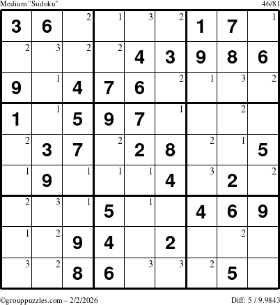 The grouppuzzles.com Medium Sudoku puzzle for Monday February 2, 2026 with the first 3 steps marked