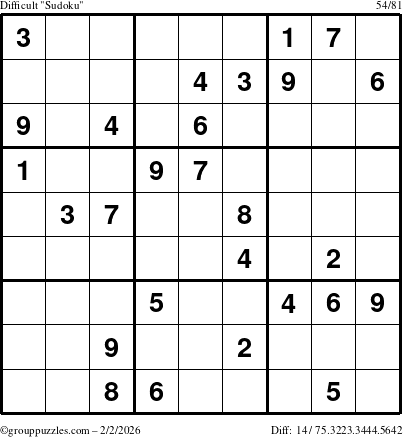 The grouppuzzles.com Difficult Sudoku puzzle for Monday February 2, 2026