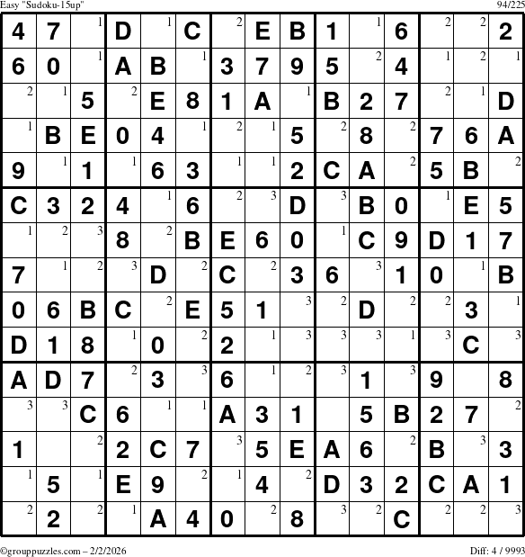 The grouppuzzles.com Easy Sudoku-15up puzzle for Monday February 2, 2026 with the first 3 steps marked