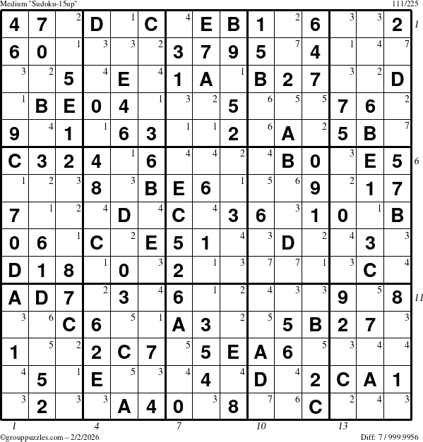 The grouppuzzles.com Medium Sudoku-15up puzzle for Monday February 2, 2026 with all 7 steps marked