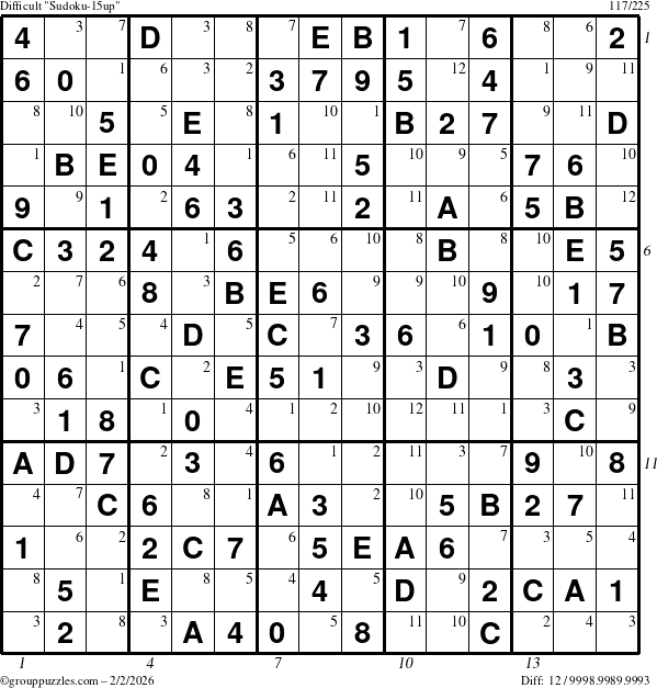 The grouppuzzles.com Difficult Sudoku-15up puzzle for Monday February 2, 2026 with all 12 steps marked