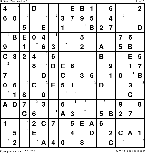 The grouppuzzles.com Difficult Sudoku-15up puzzle for Monday February 2, 2026 with the first 3 steps marked
