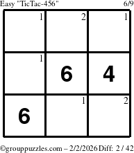 The grouppuzzles.com Easy TicTac-456 puzzle for Monday February 2, 2026 with the first 2 steps marked