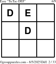 The grouppuzzles.com Easy TicTac-DEF puzzle for Tuesday August 5, 2025