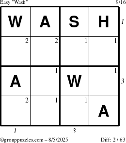 The grouppuzzles.com Easy Wash puzzle for Tuesday August 5, 2025 with all 2 steps marked