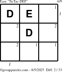 The grouppuzzles.com Easy TicTac-DEF puzzle for Tuesday August 5, 2025 with all 2 steps marked