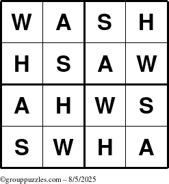 The grouppuzzles.com Answer grid for the Wash puzzle for Tuesday August 5, 2025